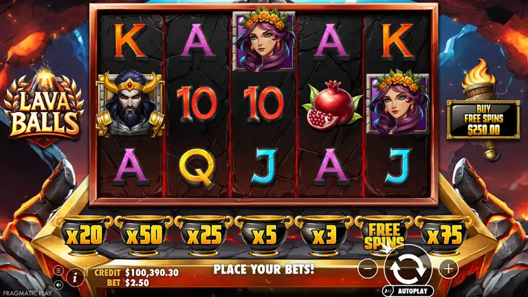 Lava Balls spin 421, balance $100,387.80 at $2.50 bet, pots show x20 x50 x25 x5 x3 FREE SPINS x75
