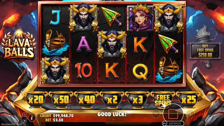 Lava Balls spin 829, balance $99,948.70 at $2.50 bet, pots include x40 and x50