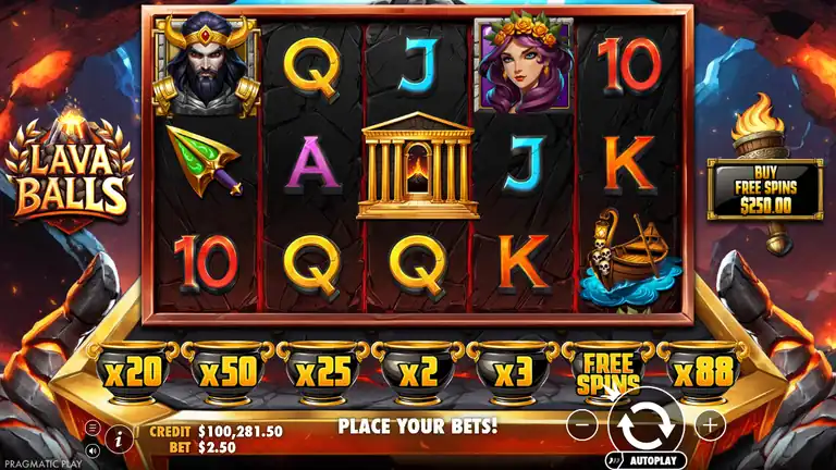 Lava Balls spin 1253, balance $100,279.00 at $2.50 bet, Scatter symbol visible on reels