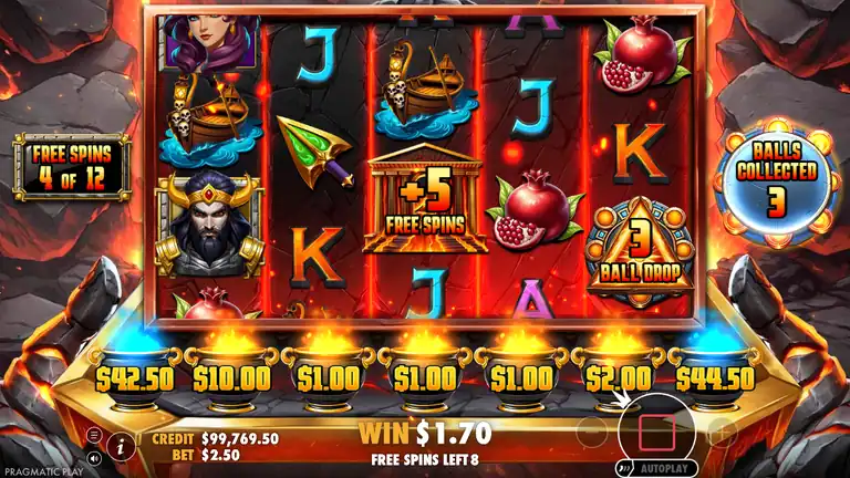 FREE SPINS 4 of 12 active - retrigger +5 FREE SPINS lands, Ball Drop symbol on reel with 3 balls collected, credit $99,769.50 at $2.50 bet
