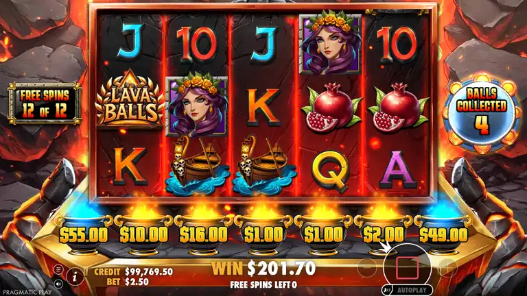 Lava Balls FREE SPINS 12 of 12 complete - WIN $201.30 displayed with 4 balls collected, credit $99,769.50 at $2.50 bet