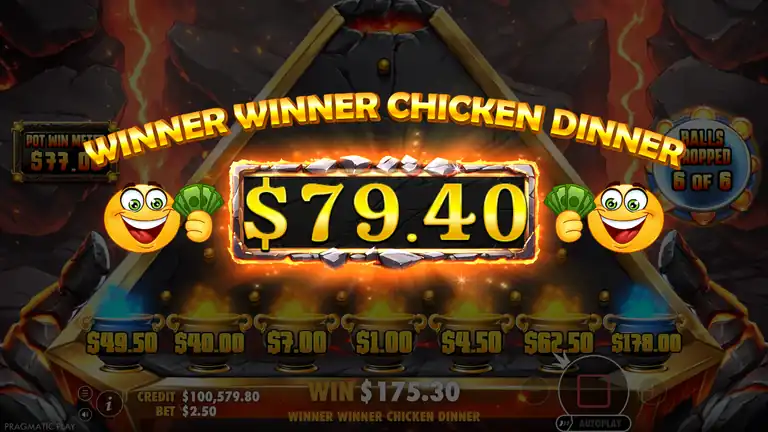 Lava Balls WINNER WINNER CHICKEN DINNER celebration screen - WIN $175.30 displayed, 6 balls dropped into pots totalling pot win, credit $100,579.80 at $2.50 bet