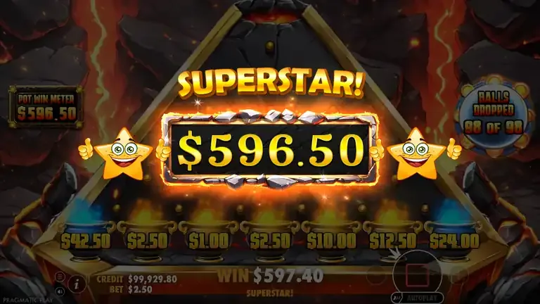 Lava Balls SUPERSTAR celebration - WIN $597.40 on screen, the session's single largest win at 238.96x the $2.50 bet
